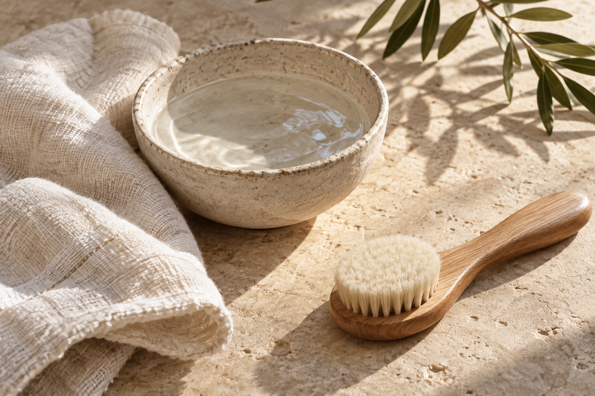 A quiet skincare ritual: linen, a ceramic bowl and facial brush